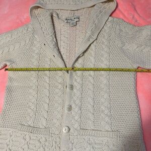 100% ARAN from IRELAND.
Superior Quality 
Hooded Cable knit Sweater. 
GORGEOUS!